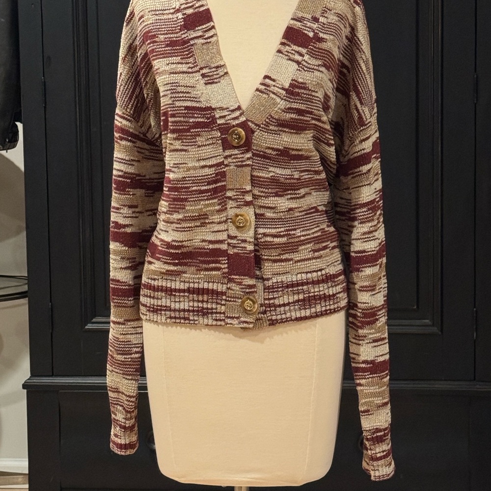 NWT Veronica Beard Burgundy and Cream Lucelia Space Dye Knit Cardigan Size L.